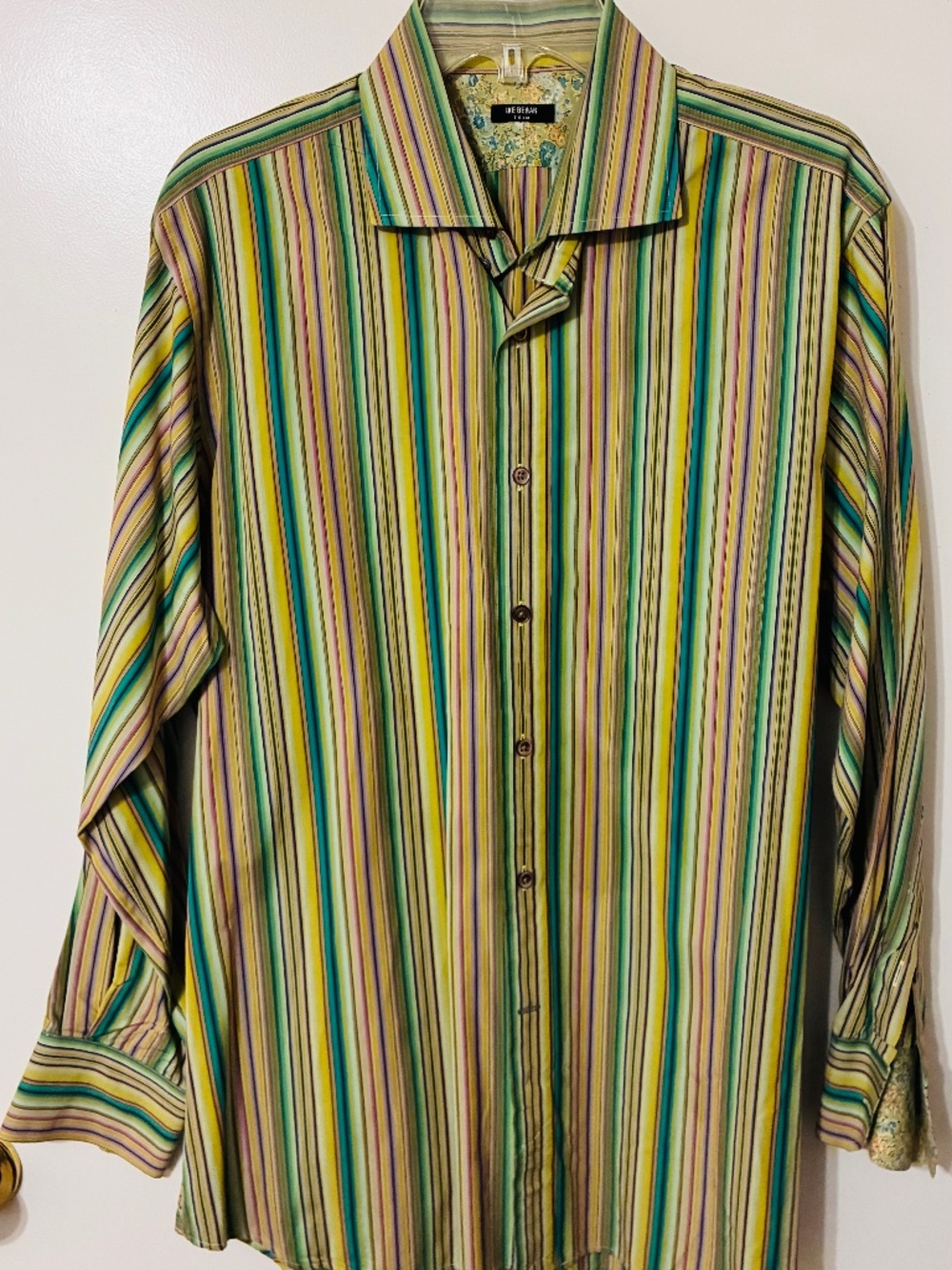 IKE BEHAR MENS LONG SLEEVE BUTTONED CASUAL SHIRT MULTI STRIPED SZ 16 1/2 X 24